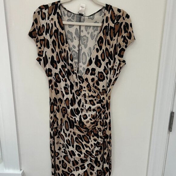 CACHE beige brown animal leopard faux wrap stretch unlined bodycon dress Sz L - Picture 1 of 6